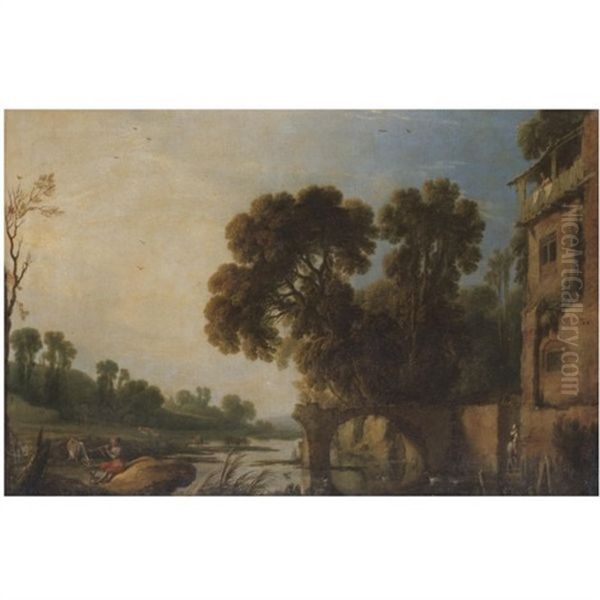 A Classical River Landscape With A Piper Playing In The Foreground Oil Painting by Pierre Antoine Patel