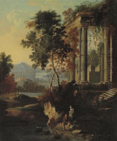 A Woman And A Man Fishing By A Classical Ruin, An Extensive Landscape Beyond Oil Painting by Pierre Antoine Patel