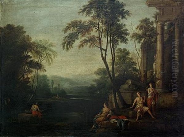 An Arcadian Landscape With Maidens Resting Before A Temple Ruin Oil Painting by Pierre Antoine Patel