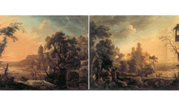 Ruines Antiques Dans Un Paysage De Riviere Anime De Paysans Oil Painting by Pierre Antoine Patel