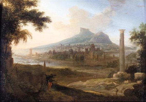 Extensive Classical Landscape, With Figures In The Foreground And A Port Beyond Oil Painting by Pierre Antoine Patel