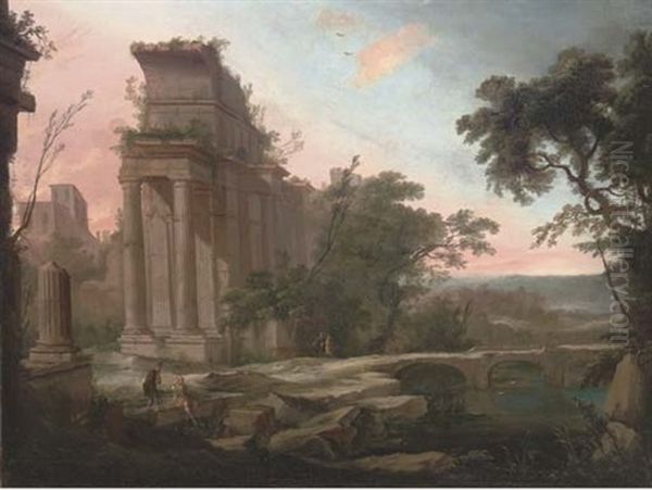 A Capriccio Of Classical Ruins With Figures Conversing, A Bridge Beyond by Pierre Antoine Patel