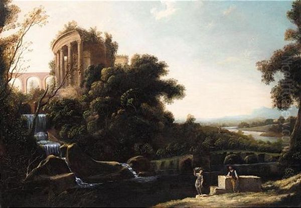 A River Landscape With Figures Resting Beneath A Capriccio View Of The Temple Of Vesta At Tivoli Oil Painting by Pierre Antoine Patel