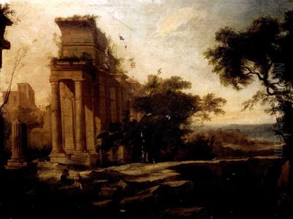 A Classical Landscape With Ruins And Figures In The Foreground by Pierre Antoine Patel