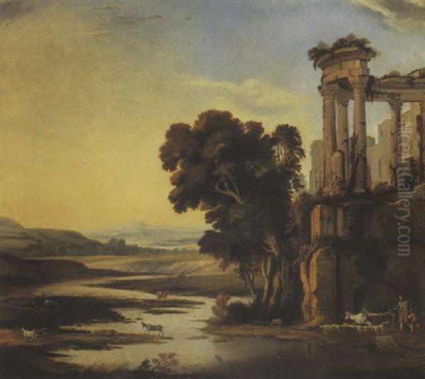 Bergers Dans Un Paysage Avec Un Temple Antique En Ruine Oil Painting by Pierre Antoine Patel