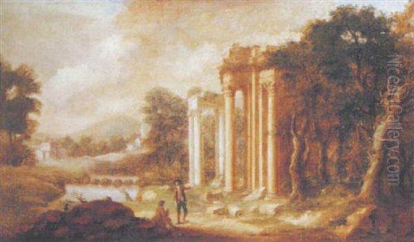 A Landscape With Gentlemen Inspecting Classical Ruins by Pierre Antoine Patel