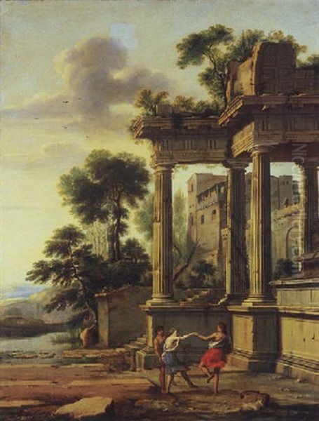 A Capriccio Of Classical Ruins With Figures Dancing In The Foreground Oil Painting by Pierre Antoine Patel