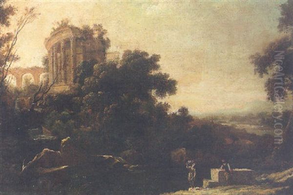 A River Landscape With Figures Resting Beneath A Ruined Temple Oil Painting by Pierre Antoine Patel