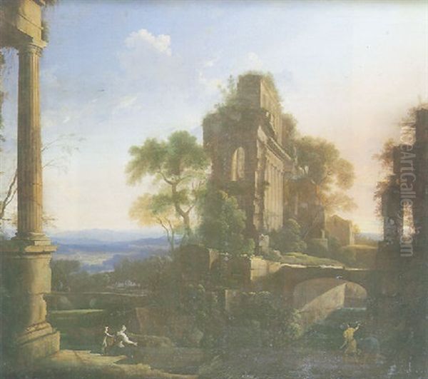 Paysage Imaginaire De Ruines De Temples Antiques Anime De Personnages Oil Painting by Pierre Antoine Patel