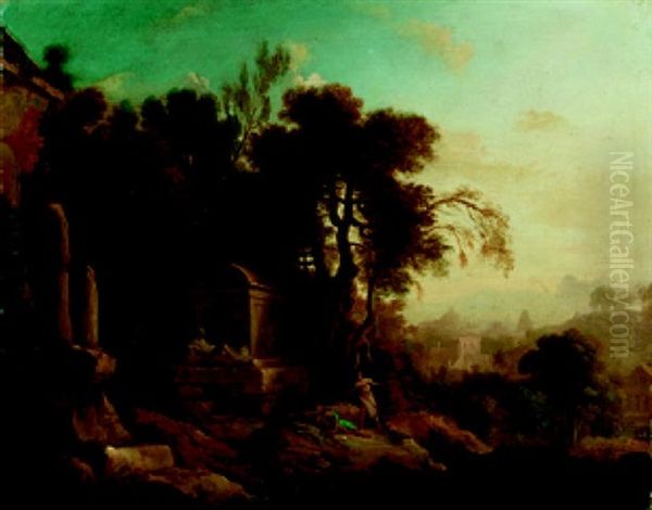 Antikisierende Landschaft Mit Zwei Figuren Bei Einem Grabmal Oil Painting by Pierre Antoine Patel