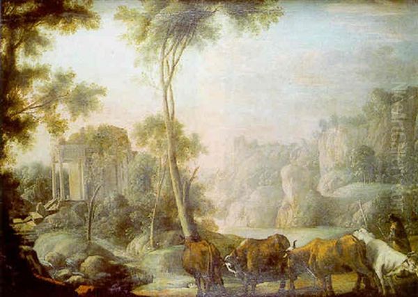 Berger Avec Son Troupeau Dans Un Paysage De Ruines Oil Painting by Pierre Antoine Patel