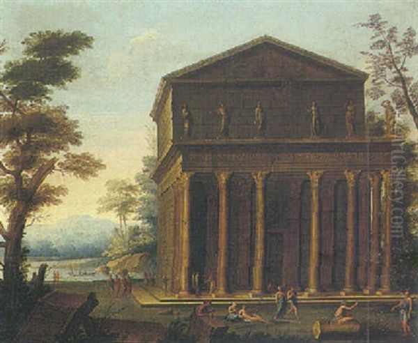 A Classical Landscape Withn Figures Before The Temple Of Antoninus And Faustina Oil Painting by Pierre Antoine Patel