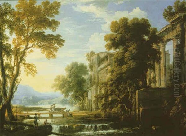 Arcadian Landscape With Figures And Animals Crossing A Bridge Before Classical Ruins Oil Painting by Pierre Antoine Patel