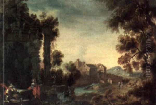 Wooded Landscape With Christ And The Woman Of Samaria Beside Ruins Oil Painting by Pierre Antoine Patel