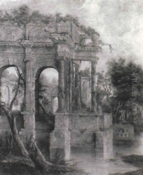 Capriccio Of Classical Ruins With Nymphs Bathing At A Pool Oil Painting by Pierre Antoine Patel