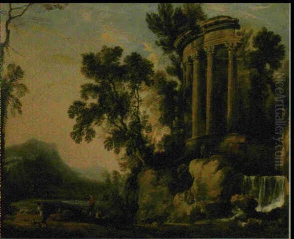 Paysage De Riviere Avec Une Vue Fantaisiste Du Temple De La Sybille by Pierre Antoine Patel