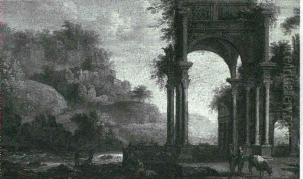 A Capriccio Of A Ruined Classical Portico By A River With   The Flight Into Egypt Oil Painting by Pierre Antoine Patel