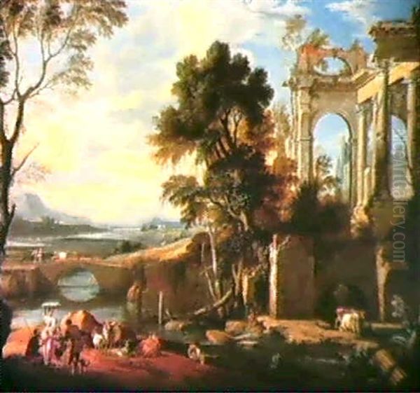 Paysage Avec Ruines Classiques Et                           Bergers Gardant Un Troupeau Oil Painting by Pierre Antoine Patel