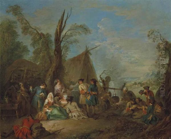 Soldiers And Vivandieres Cooking And Resting Around A Campfire, A Wagon And A Tent Beyond Oil Painting by Jean-Baptiste Pater