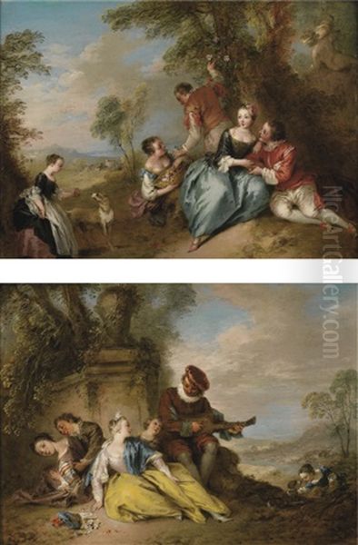 La Cueillette Des Roses And Le Musicien (pair) Oil Painting by Jean-Baptiste Pater