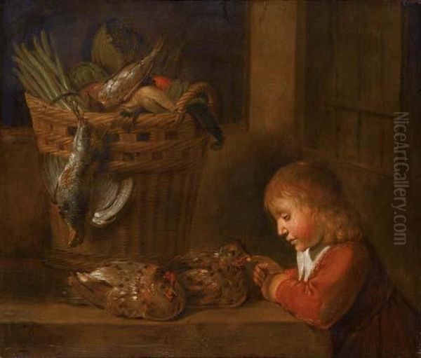 Boy Near A Basket Of Asparaguses And Vegetables. 1648. Oil Painting by Matheus Bloem