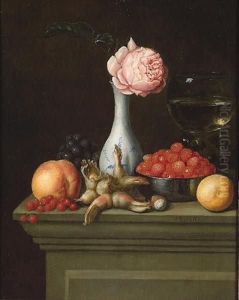 A 
 Of White Wine, A Bowl Of Wild Strawberries, Peaches, Grapes, Cobb Nuts And Redcurrants On A Stone Ledge With A Rose In A Blue And White Vase Oil Painting by Matheus Bloem