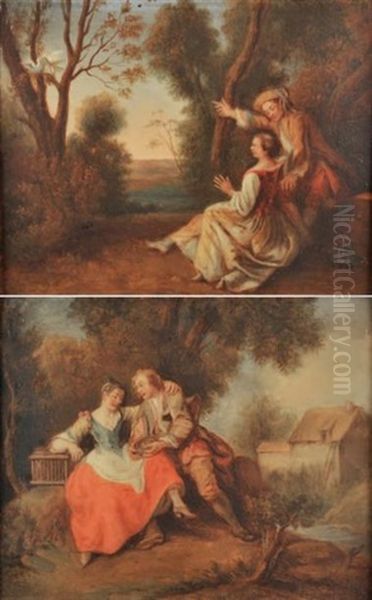 Couple D'amoureux Avec Une Cage Aux Oiseaux (+ Couple D'amoureux Regardant Deux Colombes; Pair) Oil Painting by Jean-Baptiste Pater