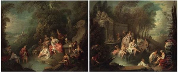 Fete Champetre With A Musician And A Statue Of Venus Behind (+ Fete Champetre With Bathers In Front Of A Fountain; Pair) Oil Painting by Jean-Baptiste Pater