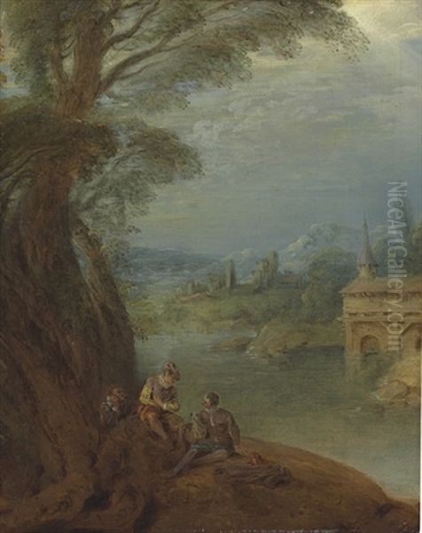 Elegant Figures Conversing By A Riverbank Oil Painting by Jean-Baptiste Pater