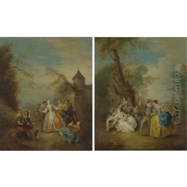 The Dance (+ Blind Man's Bluff; Pair) Oil Painting by Jean-Baptiste Pater