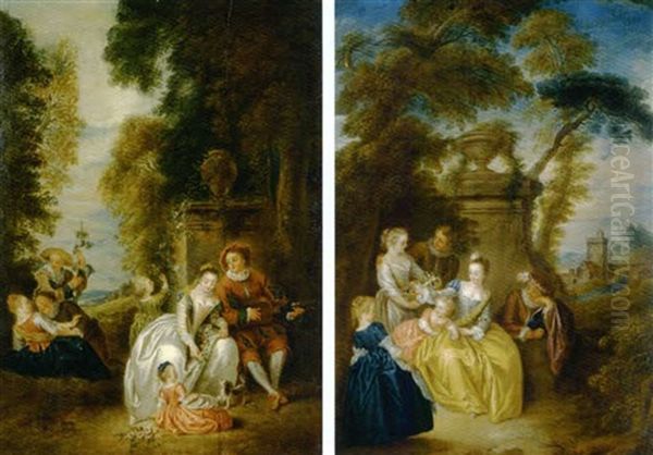 La Belle Bouquetiere (+ L'agreable Societe; 2 Works) Oil Painting by Jean-Baptiste Pater