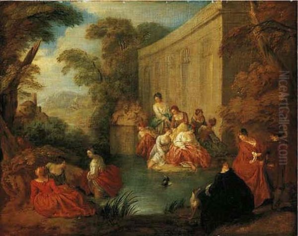 Ladies Bathing At A Pool Before A Rococo Pavilion, In A Wooded Clearing Oil Painting by Jean-Baptiste Pater