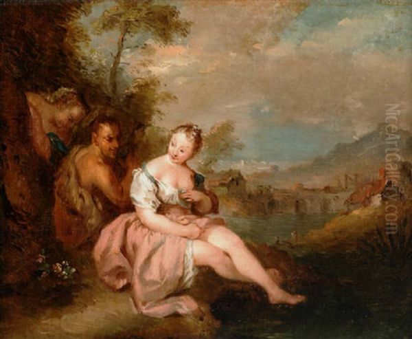 Two Nymphs With A Satyr In A River Landscape, A View To A Village Beyond Oil Painting by Jean-Baptiste Pater