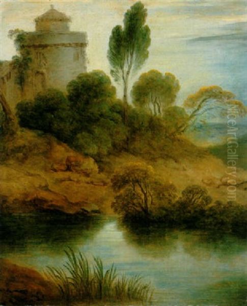 Paysage Avec Une Tour A Proximite D'un Etang Oil Painting by Jean-Baptiste Pater