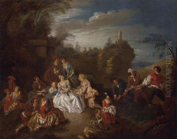 A Fete Champetre With Boys Fishing In A Stream Beyond Oil Painting by Jean-Baptiste Pater