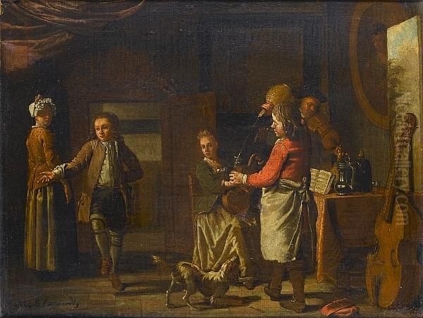 A Cottage Interior With Figures Making Music Oil Painting by Maximilian Bloemaerdt