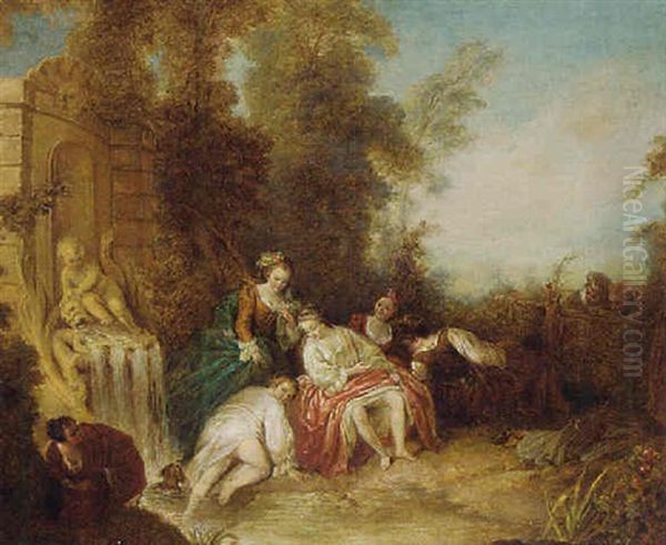 Ladies Bathing At A Fountain With Onlookers By A Fence Oil Painting by Jean-Baptiste Pater