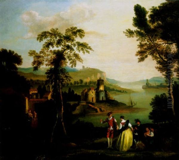 Elegant Figures In A Parkland Landscape, Mediterranean Harbour And Castle Beyond Oil Painting by Jean-Baptiste Pater