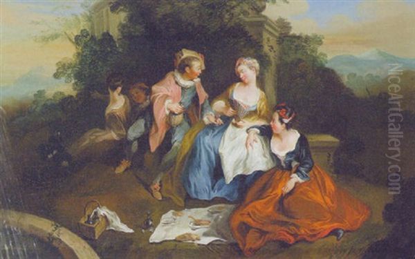 Elegant Figures Picnicking By A Fountain In A Park Oil Painting by Jean-Baptiste Pater