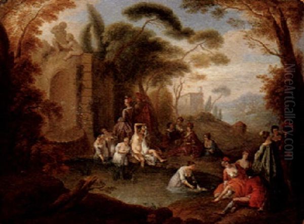 Elegant Company And Women Bathing In A Parkland Setting Oil Painting by Jean-Baptiste Pater