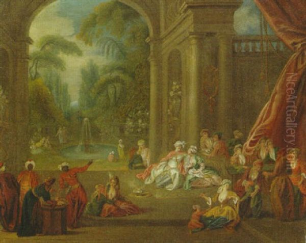 A Sultan And Company On A Terrace, A Fountain In A Garden Beyond Oil Painting by Jean-Baptiste Pater