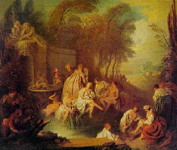 Fete Champetre With Ladies Bathing In A Brook Before A Fountain With A River God Oil Painting by Jean-Baptiste Pater