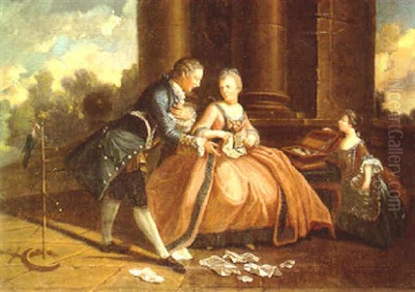 A Lady Destroying Her Love Letters With Her Suitor And A Girl Looking On In A Colonnade Oil Painting by Jean-Baptiste Pater