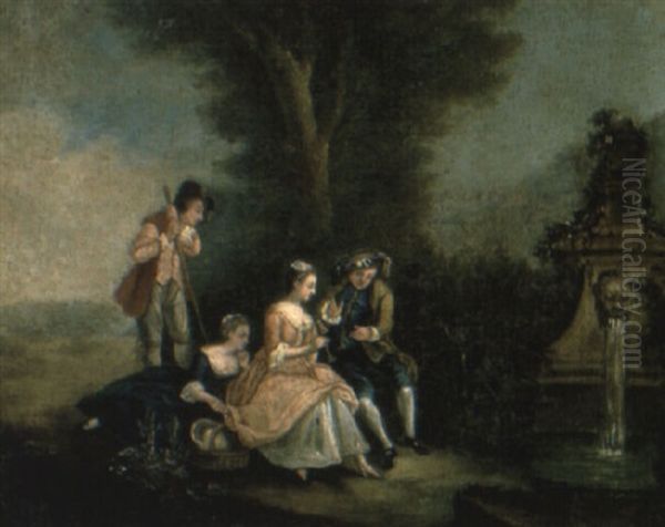 Elegant Company Making Music Near A Fountain Oil Painting by Jean-Baptiste Pater