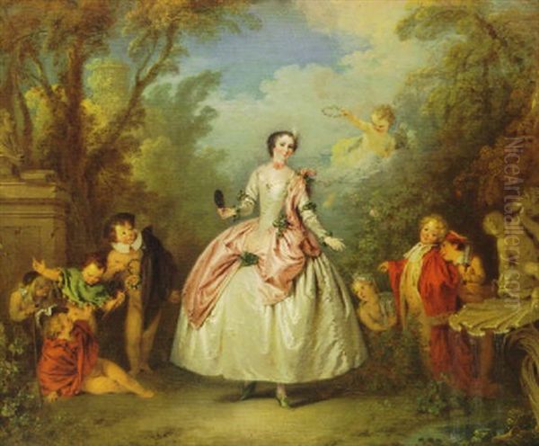 Portrait Of Mlle Dangeville As Thalia Surrounded By Putti   With Theatrical Props In A Garden Oil Painting by Jean-Baptiste Pater