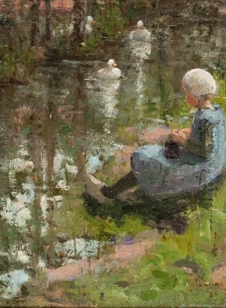 Girl With Ducks Oil Painting by Annie Muirhead Paterson