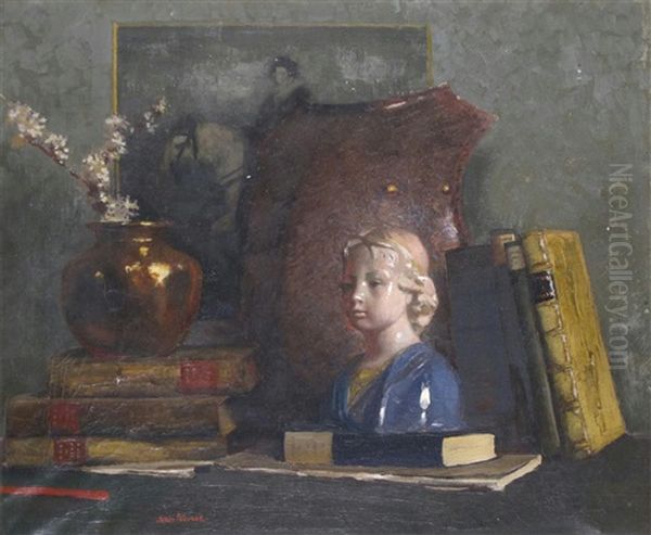 Still Life Of Books, Armour, A Bust And Vase Oil Painting by James Paterson