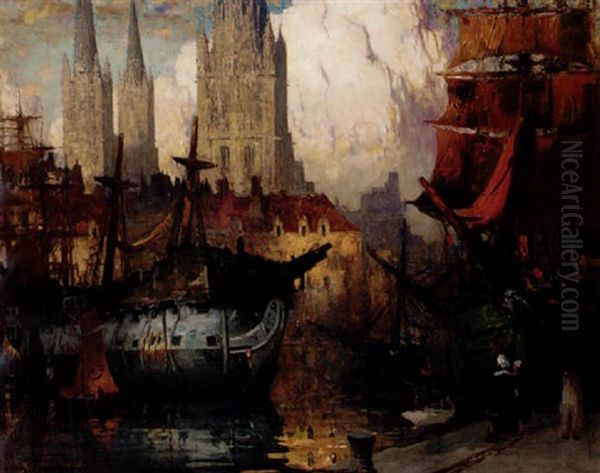 A Flemish Port Oil Painting by James Paterson