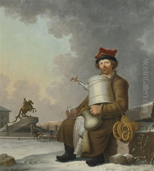 A St Petersburg Sbiten Seller Oil Painting by Benjamin Patersson