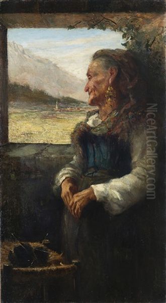 Contadina Abruzzese Con Paese Di Montagna Sullo Sfondo Oil Painting by Teofilo Patini